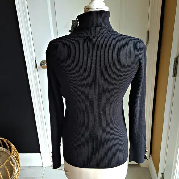 NEW! Tahari BLACK Ribbed TURTLENECK SWEATER SZ L - Picture 3 of 6